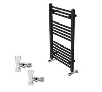 Right Radiators 800X500mm Black Straight Heated Towel Rail Radiator With Chrome Angled Lockshield Valves