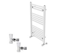 Right Radiators 800X500mm White Straight Heated Towel Rail Radiator With Chrome Angled Lockshield Valves