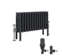 Right Radiators Anthracite Traditional 4 Column Radiator Horizontal Cast Iron Style 300X605mm With Angled Thermostatic Valve