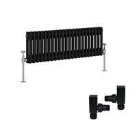 Right Radiators Black Traditional 2 Column Radiator Horizontal Cast Iron Style 300X1010mm With Square Head Angled Valves