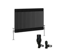 Right Radiators Black Traditional 2 Column Radiator Horizontal Cast Iron Style 600X1010mm With Angled Thermostatic Valve