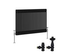 Right Radiators Black Traditional 2 Column Radiator Horizontal Cast Iron Style 600X1010mm With Antique Design Angled Trv Valves
