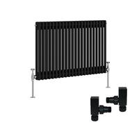 Right Radiators Black Traditional 2 Column Radiator Horizontal Cast Iron Style 600X1010mm With Square Head Angled Valves