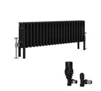 Right Radiators Black Traditional 4 Column Radiator Horizontal Cast Iron Style 300X1010mm With Angled Thermostatic Valve