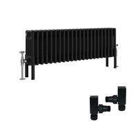 Right Radiators Black Traditional 4 Column Radiator Horizontal Cast Iron Style 300X1010mm With Square Head Angled Valves