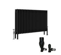 Right Radiators Black Traditional 4 Column Radiator Horizontal Cast Iron Style 600X1010mm With Angled Thermostatic Valve