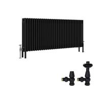 Right Radiators Black Traditional 4 Column Radiator Horizontal Cast Iron Style 600X1460mm With Antique Design Angled Trv Valves