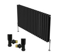 Right Radiators Horizontal Double Oval Column Rads Designer Radiator 600X1180mm With Angled Manual Valve Black