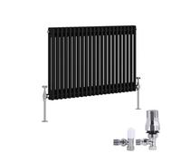 Right Radiators Traditional 2 Column Radiator Horizontal Cast Iron Style Rads 600X1010mm Black With Angled Thermostatic Valve