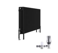 Right Radiators Traditional 4 Column Radiator Horizontal Cast Iron Style Rads 600X1010mm Black With Angled Thermostatic Valve