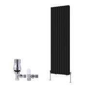 Right Radiators Vertical Double Oval Column Rads Designer Radiator 1800X590mm Black With Angled Trv Thermostatic Valve