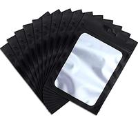 RIGHTPAK 100Pcs Black Resealable Mylar Bag with Window 14cm x 20cm Euro Hang Hole Zip Lock Pouch for Accessories