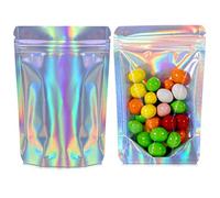 RIGHTPAK Holographic Stand Up Pouches 100 Pieces - 8cm x 13cm, One Side Clear Packaging Bags, Heat Sealable Smell Proof for Food Storage