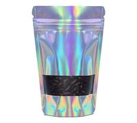 RIGHTPAK Window Holographic Stand Up Pouch 100 Pieces 13cm x 21cm Heat sealable Pouches Bags with Zip Lock and tear notch for Food Packaging