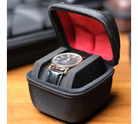 RIGICASE Hard single watch travel case, men's sports watch organizer box with flexible watch pillow (Black, 1 slot red lining)