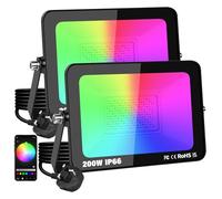 RIGIDON 2 Pack 200W LED Flood Light Outdoor with Plug, Smart RGB DIY Scenes Color Changing Landscape Lighting with APP Control, IP66 Waterproof Flood Lights for Garden Yards Stage House