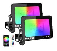 RIGIDON 2 Pack 50W LED Flood Light Outdoor with Plug, Smart RGB DIY Scenes Color Changing Landscape Lighting with APP Control, IP66 Waterproof Flood Lights for Garden Yards Stage House