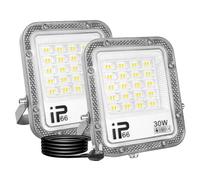 RIGIDON 2 Pcs Outdoor Flood LED Work Light, 30W 3000 LM Floodlight, Cold White Security Lights for Garage Garden Yard Lawn Workshop Court Patio, IP66 Waterproof 6000K, 1 M Wire with UK Plug