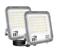 RIGIDON 2 Pcs Outdoor Flood LED Work Light, 50W 5000 LM Floodlight, Cold White Security Lights for Garage Garden Yard Lawn Workshop Court Patio, IP66 Waterproof 6000K, 1 M Wire with UK Plug