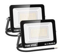 RIGIDON 2 Pcs Outdoor Flood LED Work Light, 75W 7500 Lumens Floodlight, Daylight Warm White Security Lights for Garden Yard Lawn Basketball Football Court Patio Landscape, IP66 Waterproof 3000K