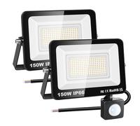 RIGIDON 2 Pcs PIR Motion Sensor Outdoor Floodlight, 150W 15000 Lumens Outside Led Work Light, Daylight Warm White Wall Light for Garden Garage Backyard Patio Lawn House Doorway, IP66 Waterproof 3000K
