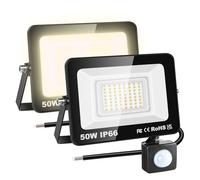 RIGIDON 2 Pcs PIR Motion Sensor Outdoor Floodlight, 50W 5000 Lumens Outside Led Work Light, Daylight Warm White Wall Light for Garden Garage Backyard Patio Lawn House Doorway, IP66 Waterproof 3000K