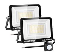 RIGIDON 2 Pcs PIR Motion Sensor Outdoor Security Light, 100W 10000 Lumens Outside Led Floodlight, Daylight Warm White Wall Light for Garden Garage Backyard Patio House Doorway, IP66 Waterproof 3000K