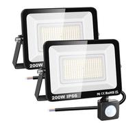 RIGIDON 2 Pcs PIR Motion Sensor Outdoor Security Light, 200W 20000 Lumens Outside Led Floodlight, Daylight Warm White Wall Light for Garden Garage Backyard Patio House Doorway, IP66 Waterproof 3000K
