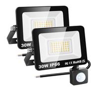 RIGIDON 2 Pcs PIR Motion Sensor Outdoor Security Light, 30W 3000 Lumens Outside Led Floodlight, Daylight Warm White Wall Light for Garden Garage Backyard Patio House Doorway, IP66 Waterproof 3000K