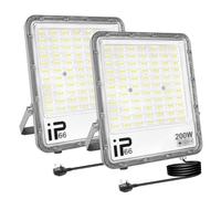 RIGIDON 2Pcs 200W LED Flood Light Outdoor with 1.5M Plug, 20000LM Super Bright Outdoor Lights 6000K Daylight White IP66 Waterproof Security Lights for Garden, Garage, Yard, Sports Ground, Patio, Porch