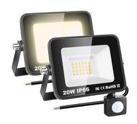 RIGIDON 2x 20W Pir motion sensor outdoor security light led floodlight | 2000lm, no plug, 3000K warm white, outside wall light, for garden garage backyard patio house doorway, IP66 waterproof