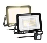 RIGIDON 2x 75W Pir motion sensor outdoor security light led floodlight | 7500lm, no plug, 3000K warm white, outside wall light, for garden garage backyard patio house doorway, IP66 waterproof