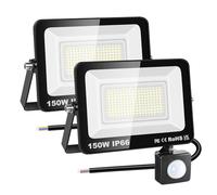 RIGIDON 2x Pir motion sensor outdoor security light, 150W led floodlight | 15000lm, no plug, 6000K cold white, outside wall light, for garden garage backyard patio house doorway, IP66 waterproof