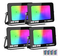 RIGIDON 4X Outdoor RGB led floodlight 30W dimmable 16 Colours Changing | no plug, 175V to 265V, for garden courtyard landscap stage, Halloween Christmas decoration, IP66 waterproof, remote control