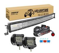 RIGIDON Curved 32 inch 405W Led Light Bar With 1 Pcs 12V 2 Lead Wiring Harness Cable Kit, 2 Pcs 4inch 60W Led Work Light for Car Off road Truck Tractors SUV 4x4, Flood Spot Combo Beam, 6000K White