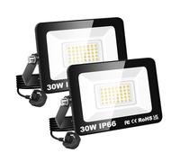 RIGIDON Led Outdoor Floodlight, 2X 30W 3000LM Flood Lights with Plug, Mains Powered Security Lighting, Outside for Garage Garden Yard Patio, Waterproof Workshop Job Site Work Lamp, 3000K Warm White