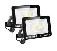 RIGIDON Led Outdoor Floodlight, 2X 30W 3000LM Flood Lights with Plug, Mains Powered Security Lighting, Outside for Garage Garden Yard Patio, Waterproof Workshop Job Site Work Lamp, 6000K Cold White