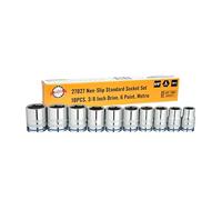 RIGOR 27027 Non-Slip Standard Socket Set, 10 - Piece | 3/8-Inch Drive, 6 Point, Metric | CR-V (Chrome Vanadium Alloy) Steel | Include Durable Plastic Socket Rail.