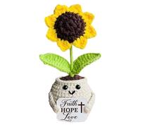 Rigufu Crochet Sunflower with “Faith Hope Love” Quote - Handmade Christian Gift - Amigurumi Flower Pot with Cross - Inspirational Religious Desk Decor for Women, Friends, Believers, Church Group Gift