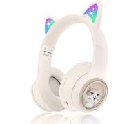 RigWig AKZ-60 Kids Bluetooth Headphones with Mic, Cat Ear LED Light, Foldable Over-Ear Wireless Headset for Girls Boys, 10Hrs Playtime, 85dB Safe Volume, iPad/Tablet/PC/School, (Beige)