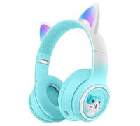 RigWig AKZ-60 Kids Bluetooth Headphones with Mic, Cat Ear LED Light, Foldable Over-Ear Wireless Headset for Girls Boys, 10Hrs Playtime, 85dB Safe Volume, iPad/Tablet/PC/School, (Blue)