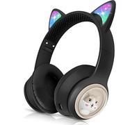 RigWig AKZ-60 Kids Bluetooth Headphones with Mic, Cat Ear LED Light, Foldable Over-Ear Wireless Headset for Girls Boys, 10Hrs Playtime, 85dB Safe Volume, iPad/Tablet/PC/School, (Black)