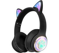 RigWig Kids Bluetooth LED Cat Ear Headphones with Mic - Girls, Boys, Teens, 25H Playtime, Foldable Wireless Headphones w/ 3.5mm Jack, Adjustable Band, 6D Stereo Sound, Gift for Cat Lovers (Black)
