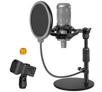 Rigych Mic Stand Desk Adjustable Desktop Microphone Stand with Stable Metal Base, Shock Mount, Pop Filter, Mic Clip, and Mic Adapter for Blue Yeti, HyperX QuadCast, AT2020, Shure SM58