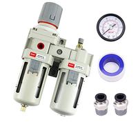 RIH Pneumatics 1/2" NPT Compressed Air Filter Regulator Lubricator Combo Water/Oil Trap Separator - Gauge(0-150 psi), Semi-Auto Drain, Poly Bowl,Bracket - 3 in 1 Two Unit (1/2" NPT)
