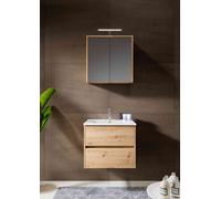 Riho Bathroom Set Porto Wave Washbasin, LED mirror cabinet and Vanity unit 2 drawers 600mm Natural Oak