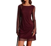 RIHOAS Women's Sexy Bodycon Mini Dress - Boat Neck Long Sleeve Stretch Mesh Cocktail Wedding Guest Christmas Party Club Dress, Wine Red, S