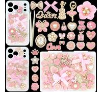 RIHYTFU Junk Case Charms Kit, Pink Junk Phone Case Charms for Customizing DIY Cases, Gold Charm for Making Phone Cases with Flatback Pearls Bulk Butterfly Bow, DIY Craft Accessories
