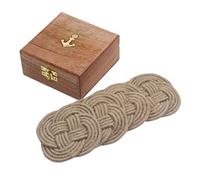 RII Jute Rope Coaster Set, Nautical Gift, Beach Décor, Surface-Protecting, Vintage Woven Coasters for Table Care, Absorbs Moisture Well, Set of 4 (Twisted Rope Natural/Wood Case)