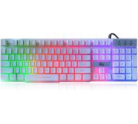 Rii RK100+ White Gaming Keyboard,USB Wired Multiple Colors Rainbow LED Backlit Large Size Mechanical Feeling Ultra-Slim Multimedia Office Keyboard Non-Slip for Primer Gaming and Working,Office Device